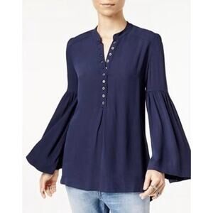 Free People Navy Easy Girl Partial Button Draped Bell Sleeves Tunic Top Women XS
